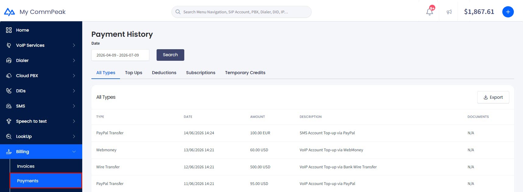 Screenshot of billing information monitoring options