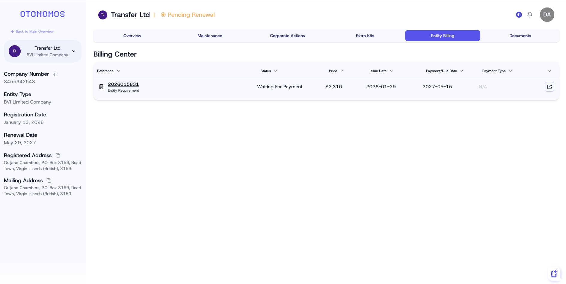 The billing overview shows all the relevant information to your paid and outstanding invoices.