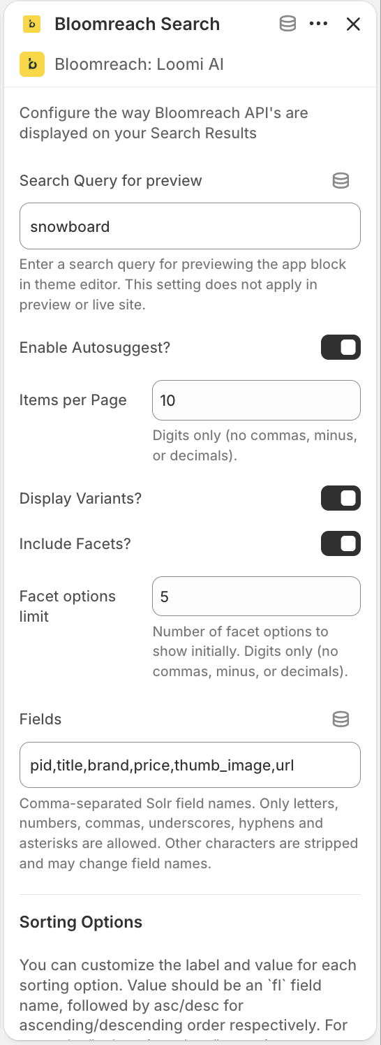 Loomi AI for Shopify Search settings.