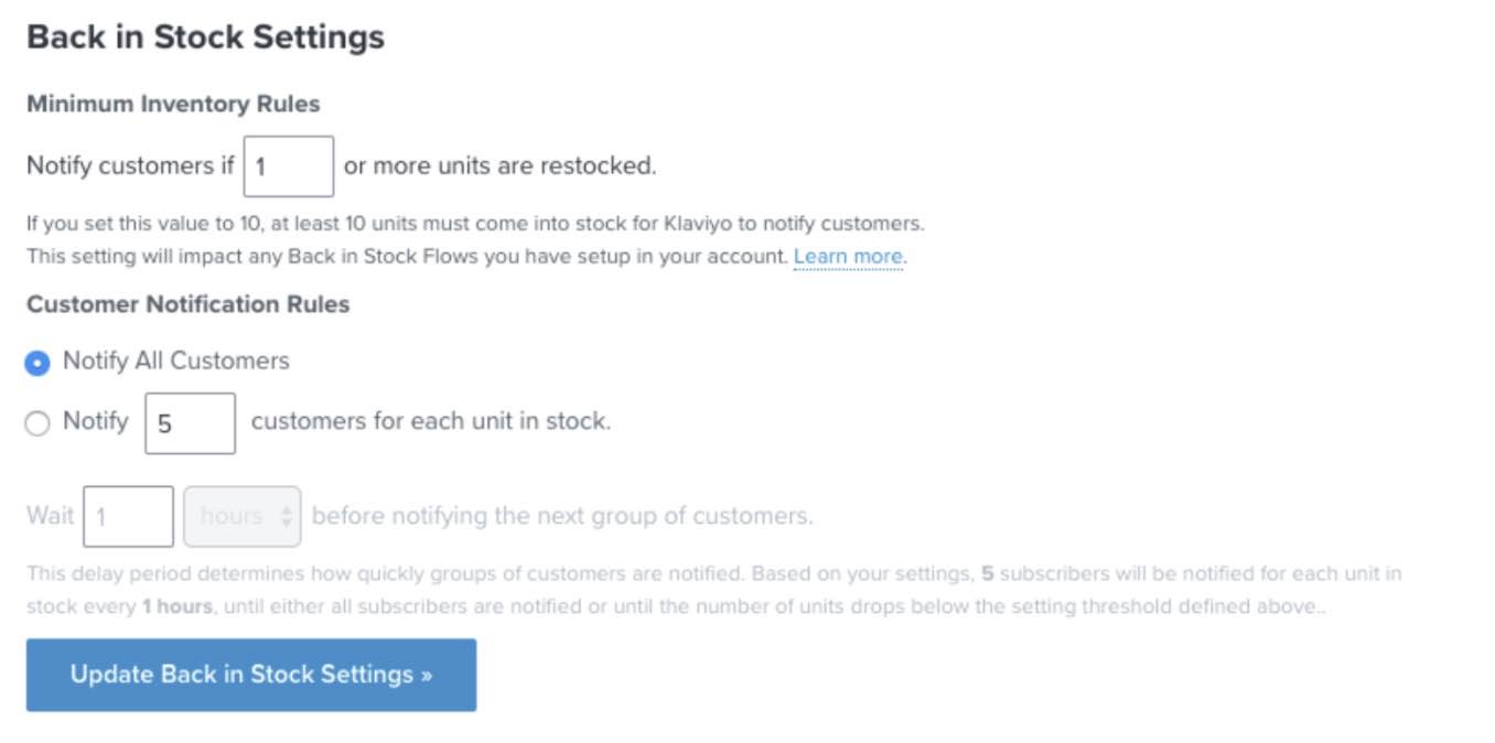 Klaviyo back in stock settings with minimum inventory rules, customer notification rules, and update back in stock settings with arrow and blue background