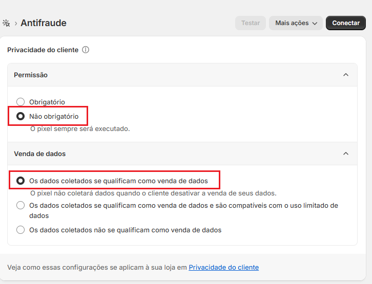 tela de configuração para adicionar o script