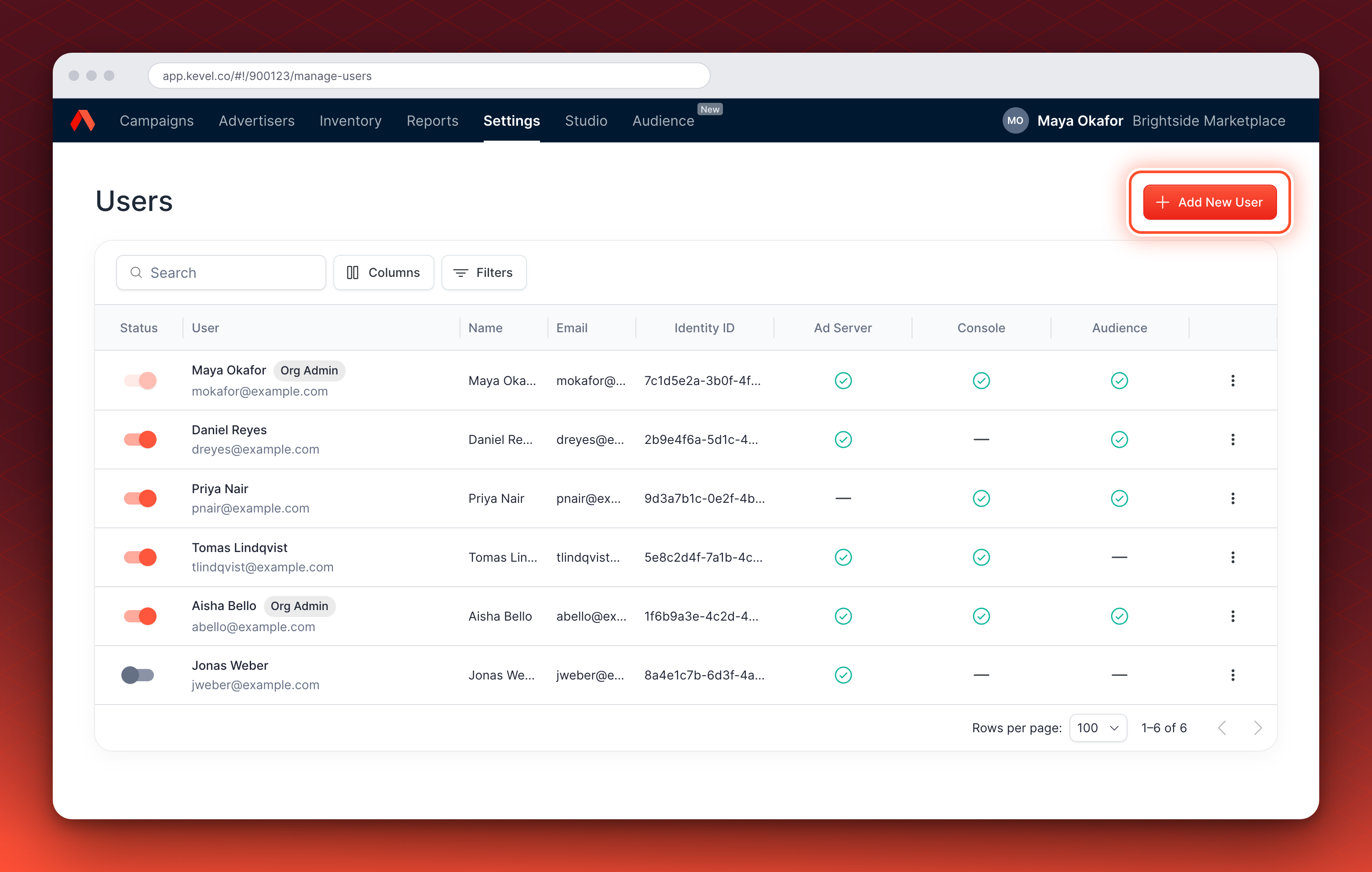 The Users page with the Add New User button circled in the top right.