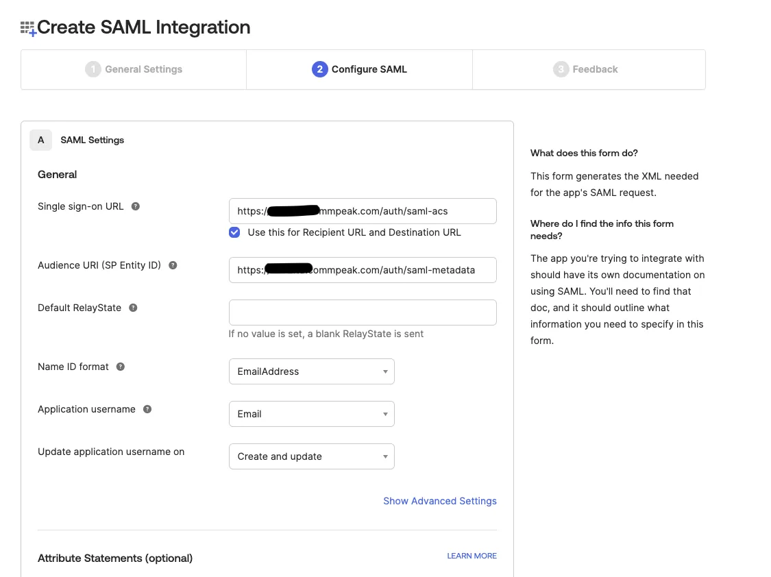 Screenshot of Create SAML Integration page - step 2