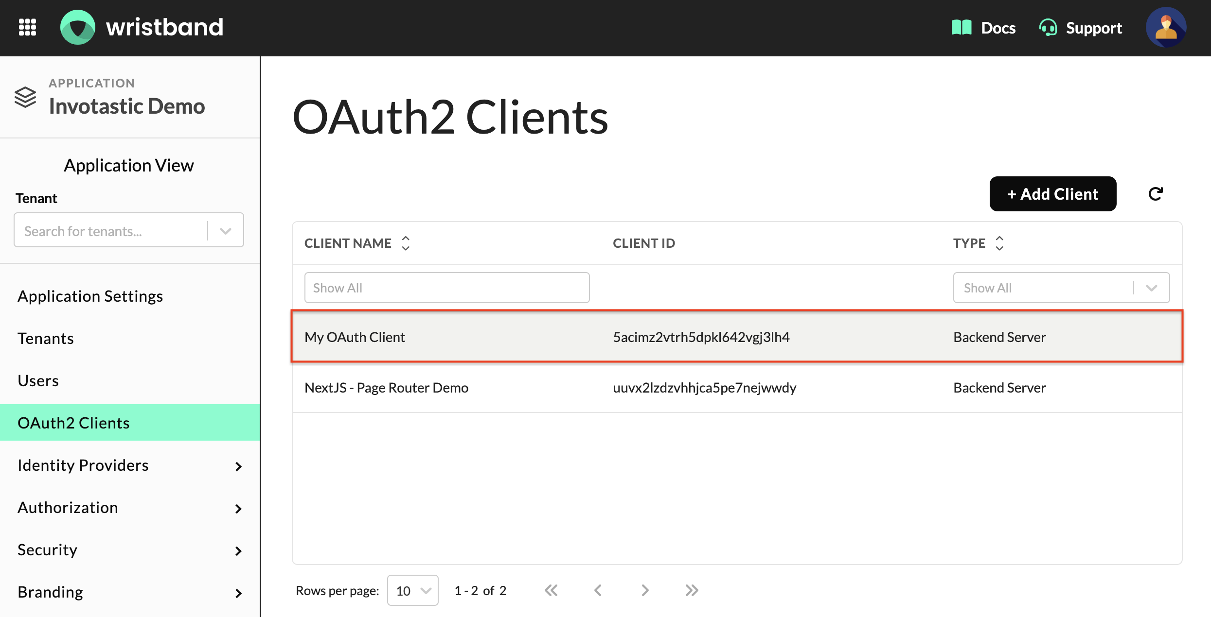 OAuth2 Clients table showing a list of clients to select for editing.