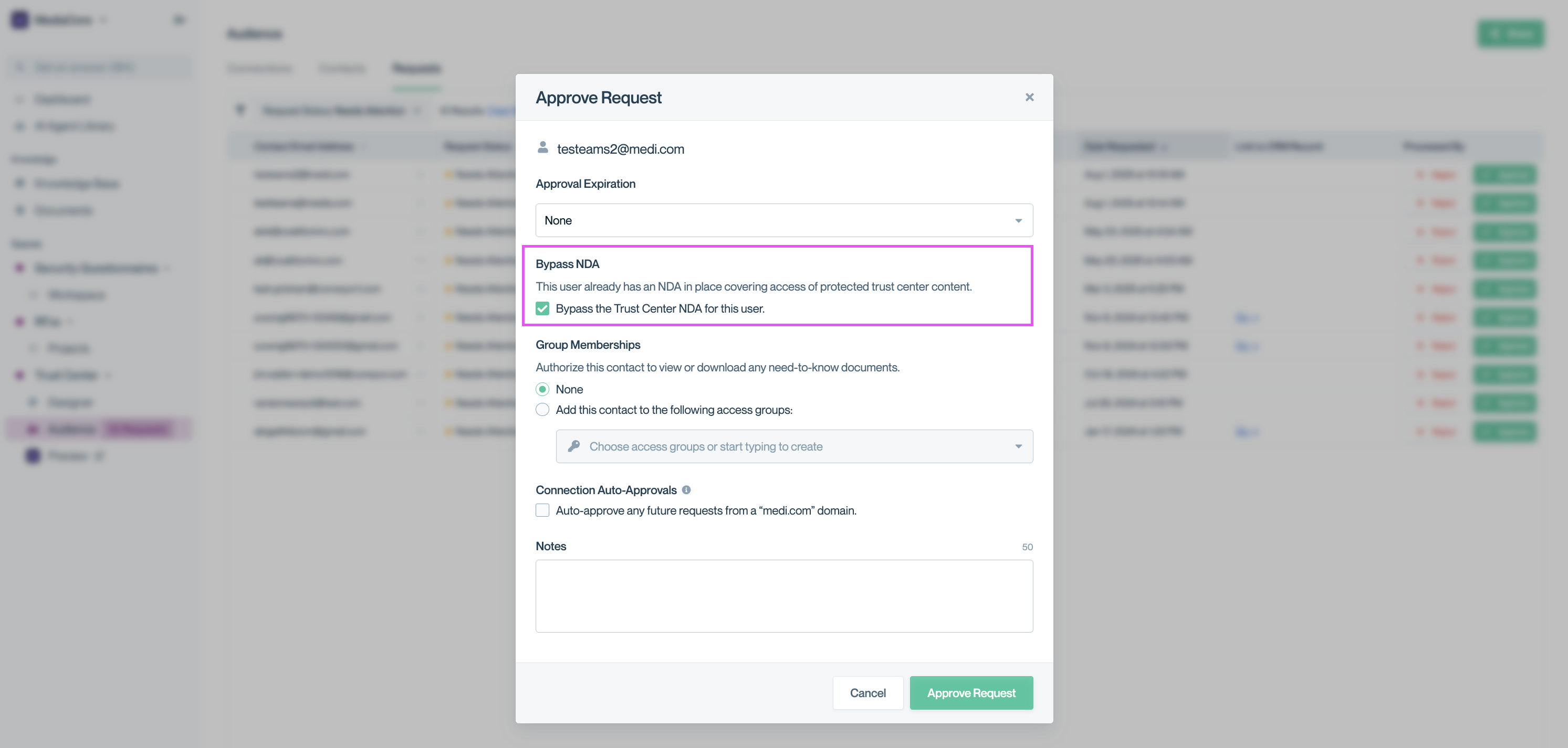 Process Request modal in Conveyor showing the NDA bypass option. You can bypass NDA while approving access requests directly in the Conveyor UI.