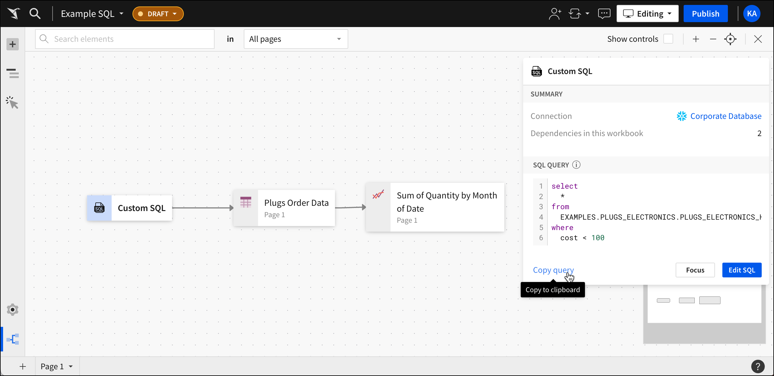 Image of lineage view with Custom SQL node selected and Custom SQL summary displayed