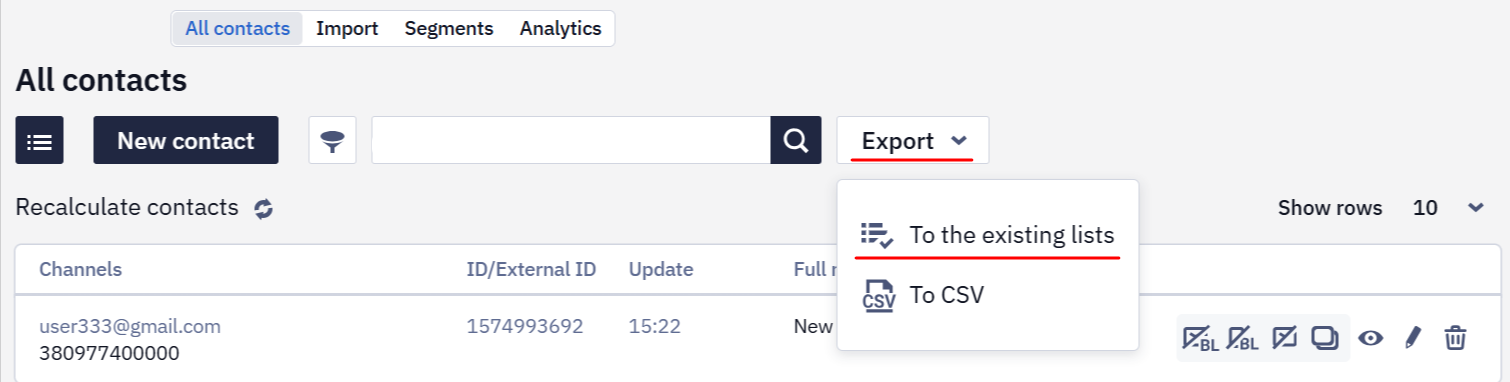 Export button with To the existing lists and To CSV options