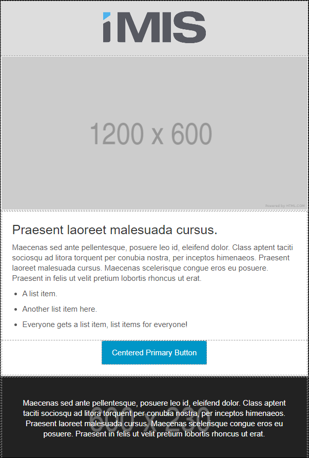 Responsive email template with a company logo, placeholder text, bullet points, and a centered button, designed to adjust to desktop, mobile, and tablet screen sizes.