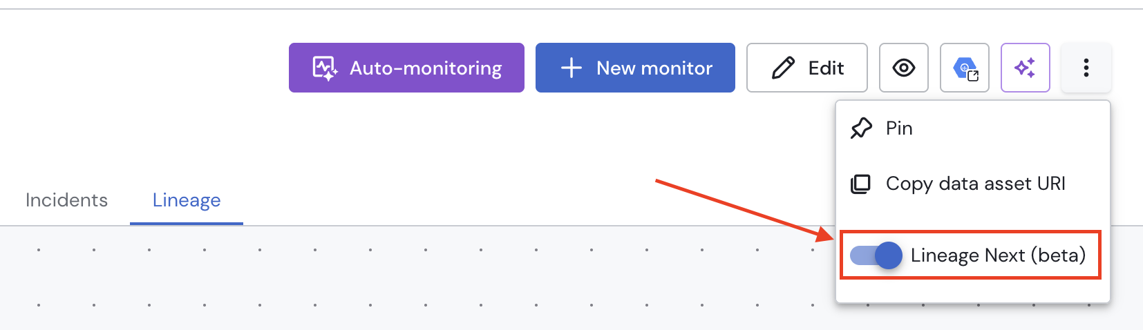 The toggle to activate the new lineage experience.