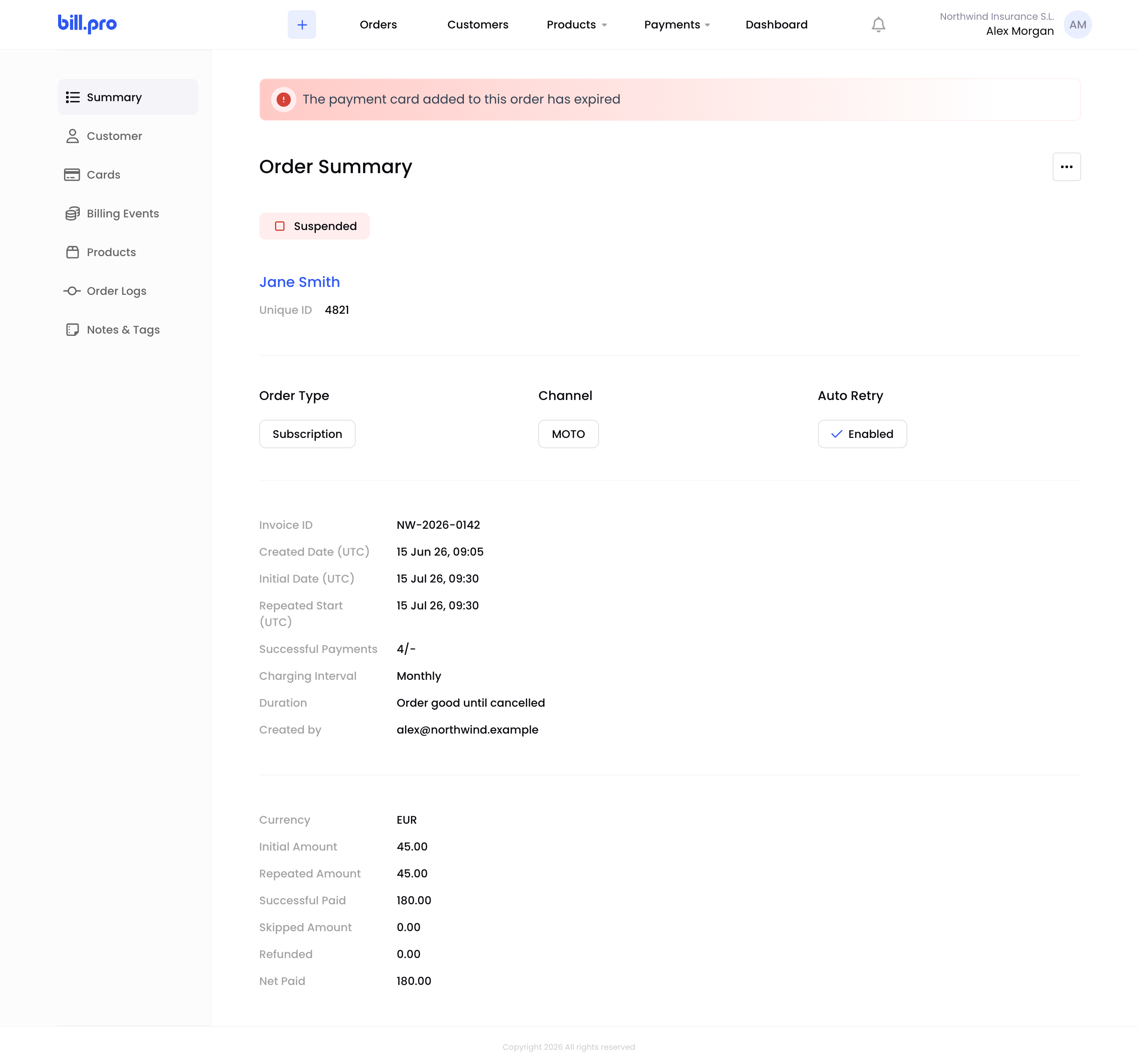 The Summary tab of a suspended subscription with the expired card banner