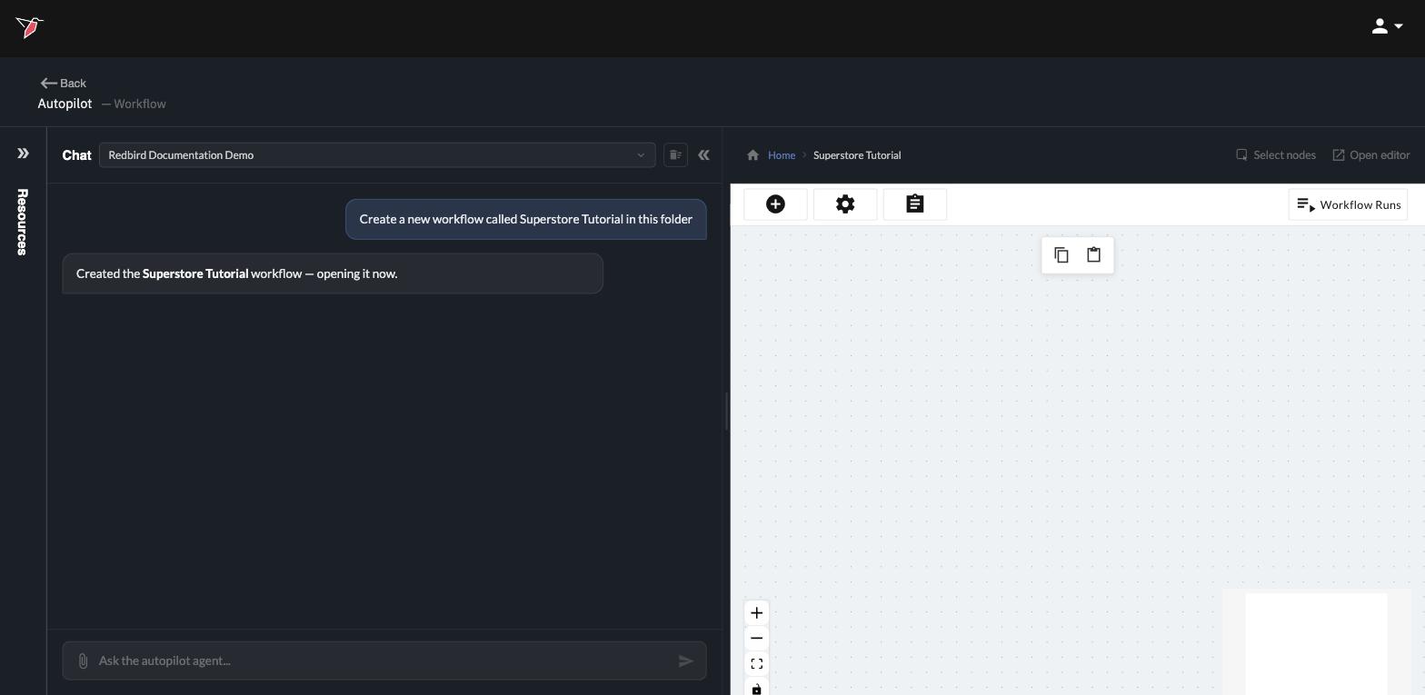 Autopilot confirms the new workflow and opens its empty canvas
