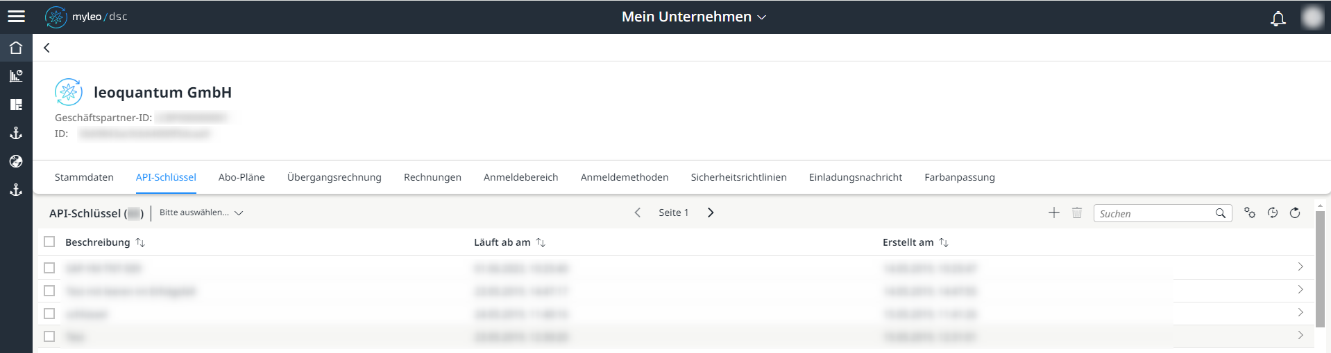 Mein Unternehmen - Tab "API Schlüssel"