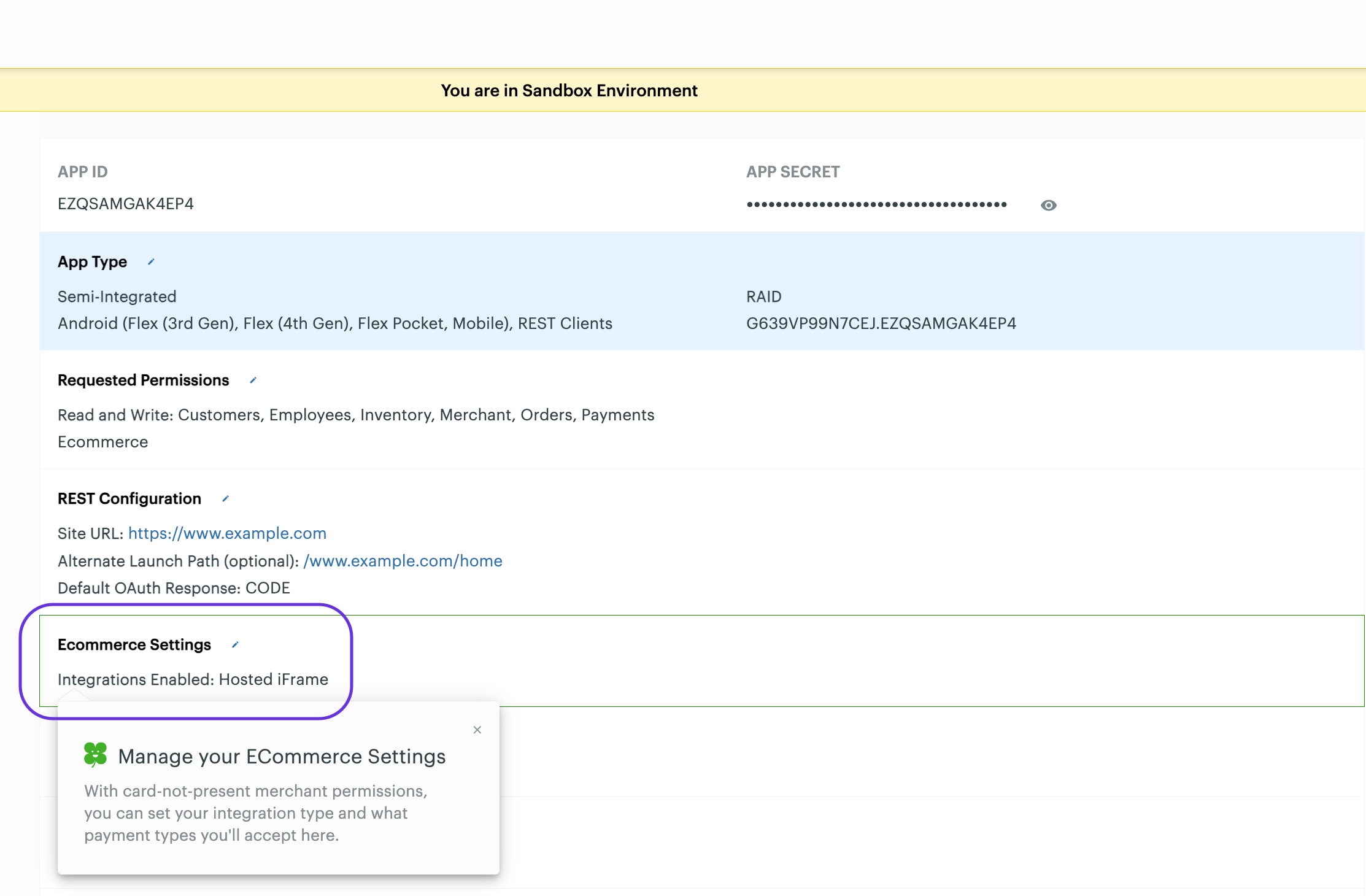 Clover Developer Dashboard—Ecommerce Settings