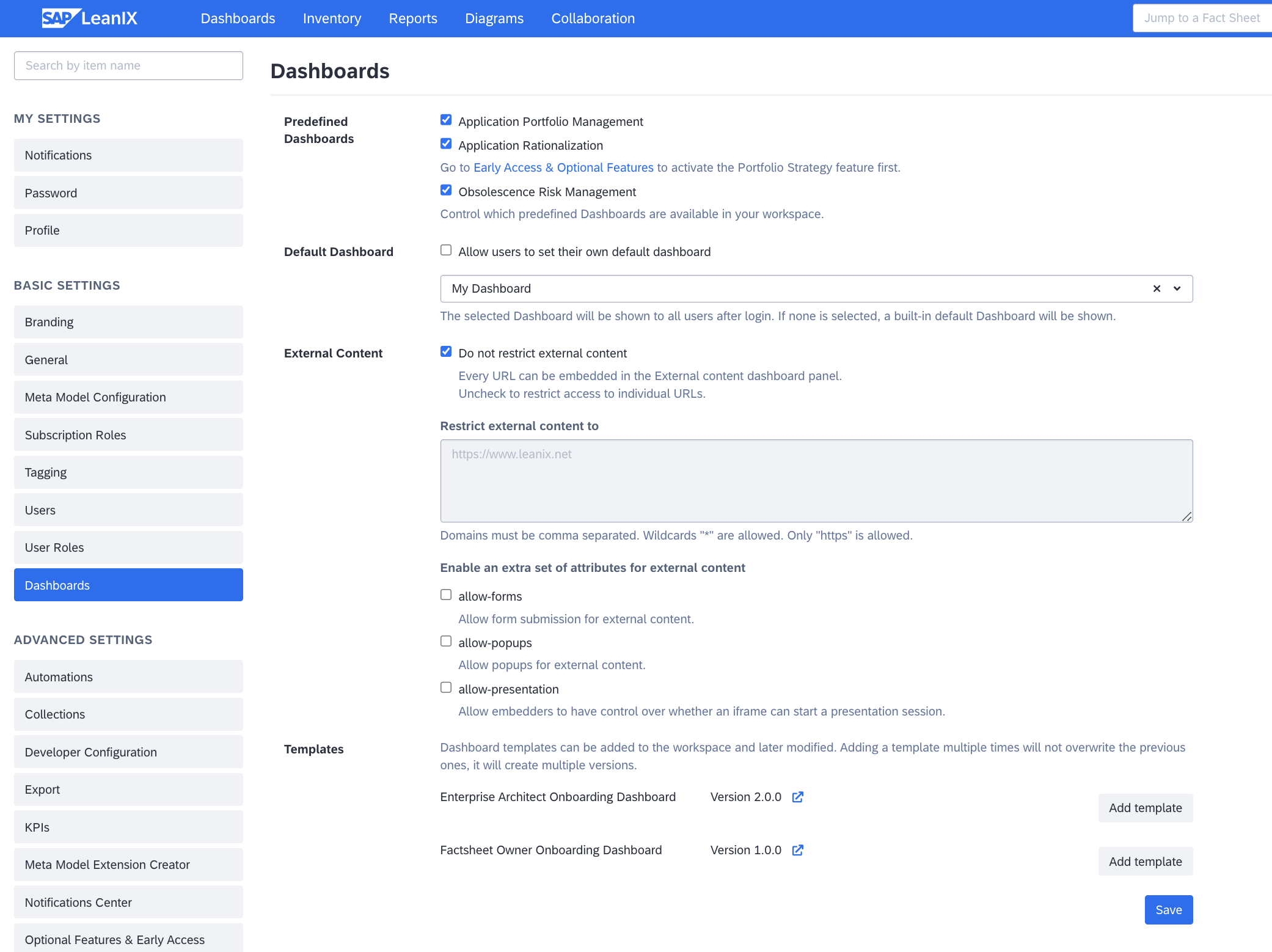 Dashboard Settings in the Administration Area