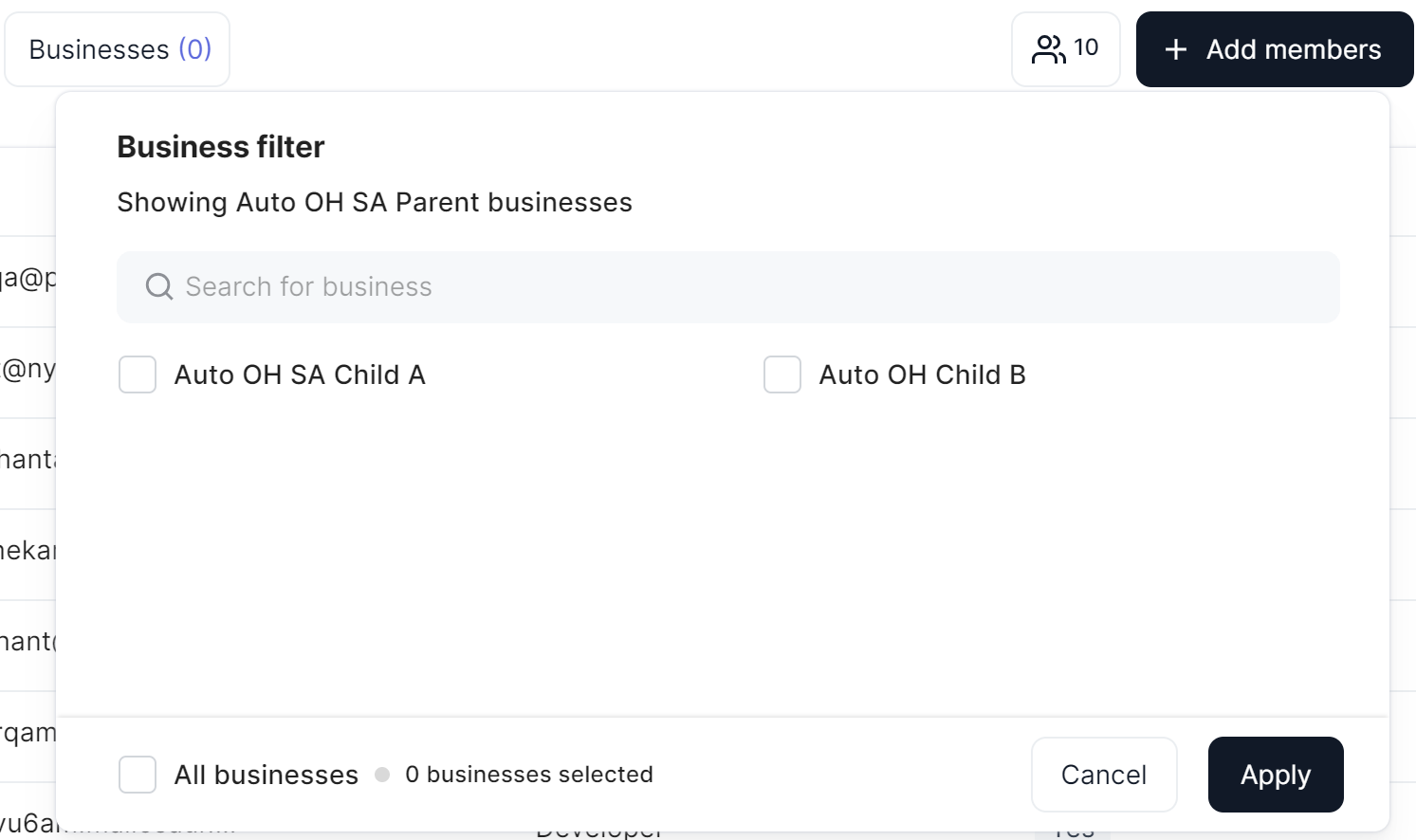 The business filter enables you to select the businesses whose team members you want to manage.