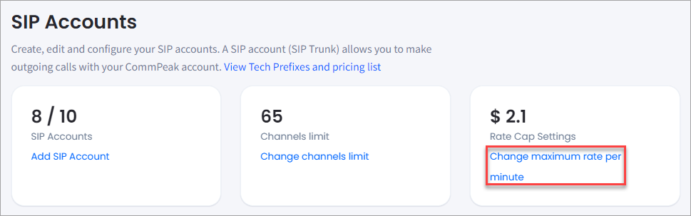 Screenshot of the rate cap settings in SIP accounts