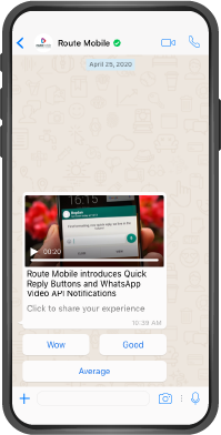 WhatsApp chat mockup with Wow, Good, and Average quick reply buttons