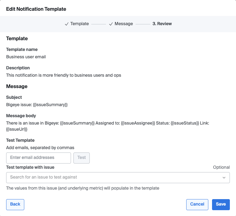 Review template screen with content and test controls