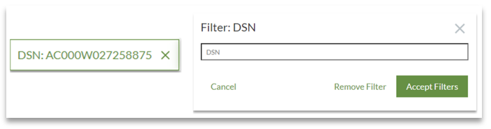 Left: Shows the DSN Being Filtered in the Report
Right: Shows the DSN Filter Dialog Box
