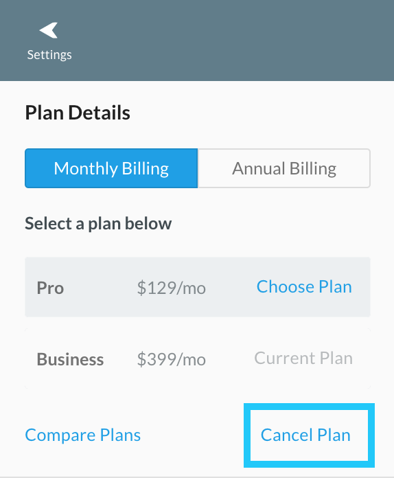 Navigate to Settings from your dashboard, then click the Manage link next to your Current Plan to access the billing portal.
