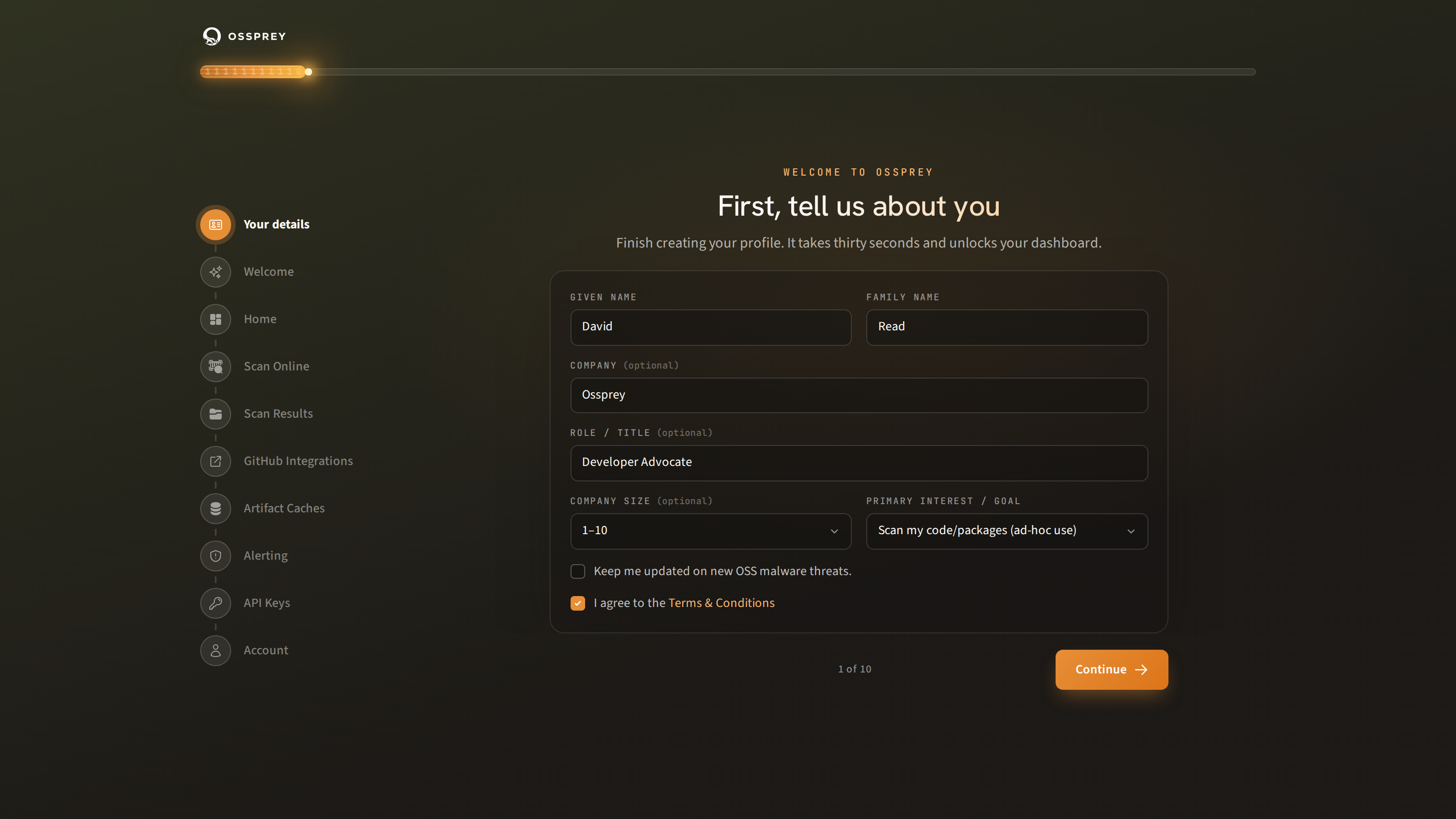 The first-login profile form