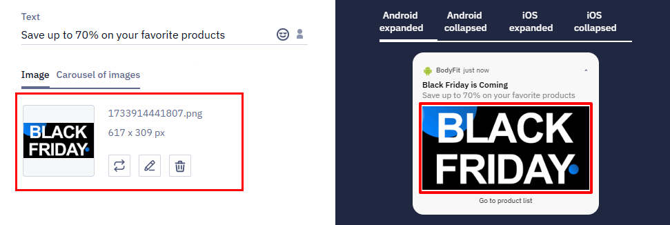 Image tab showing an uploaded push image with replace, edit, and delete icons highlighted
