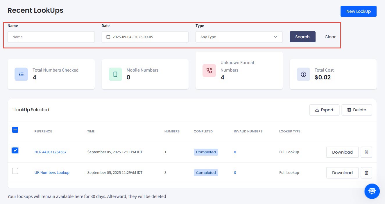 Screenshot with filtering lookups