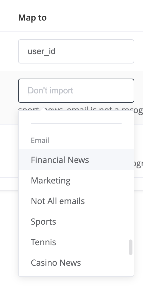 Mapping of a preference (Financial News) for the email channel.