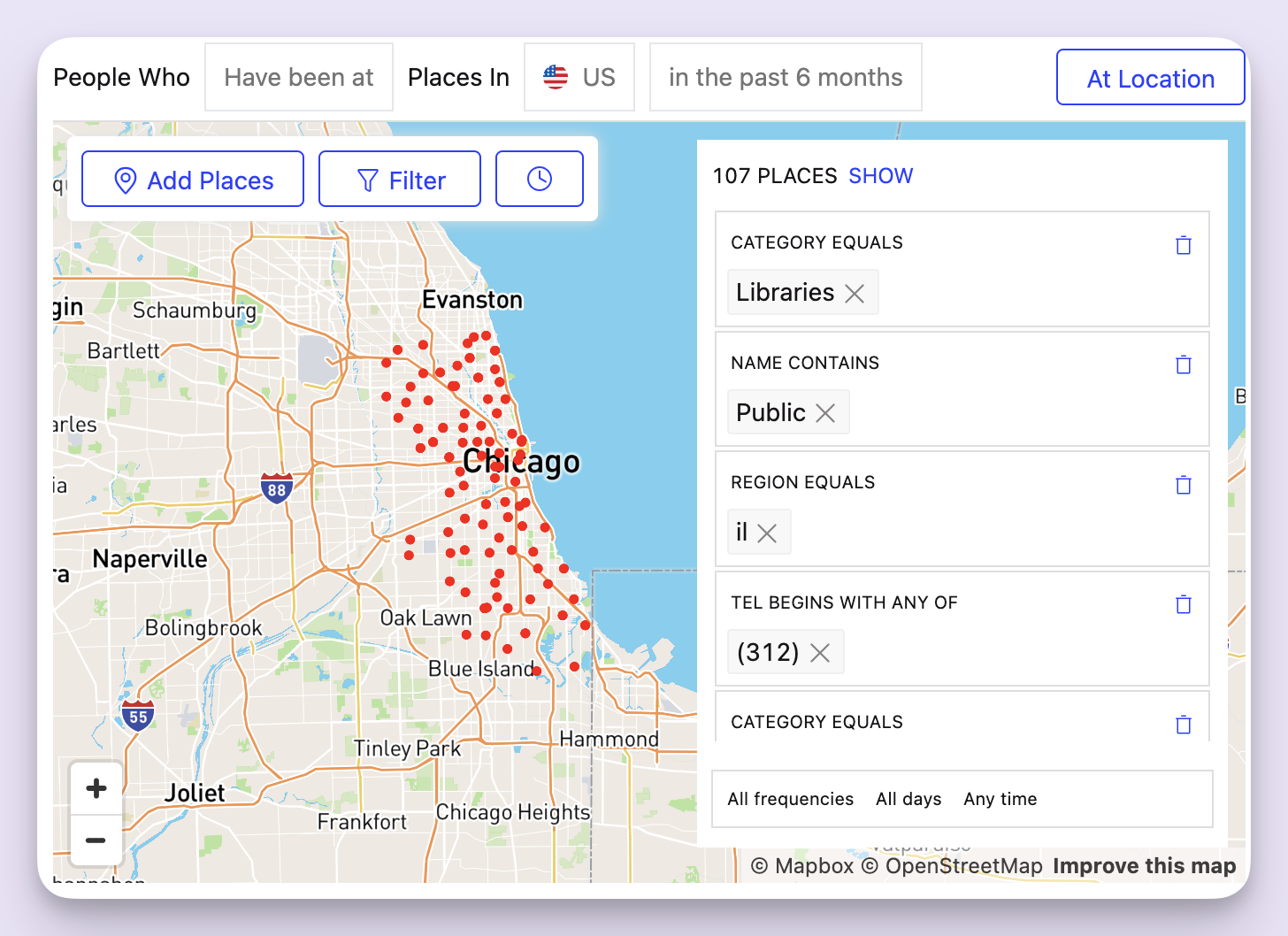 Filtering libraries to those with a specific area code.