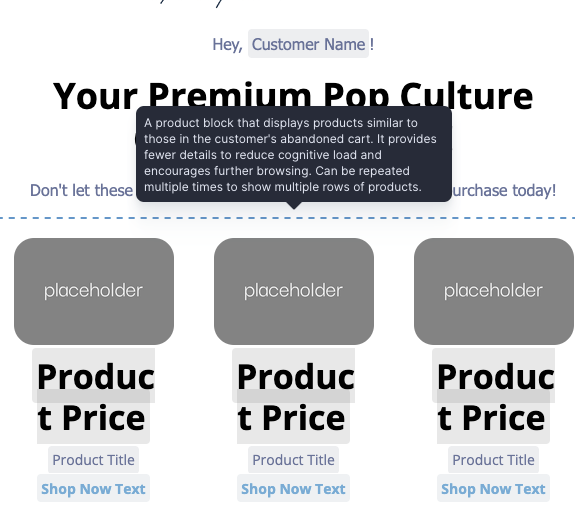 Expanded product placeholder showing individual product template elements including product attributes, static text, and image configuration