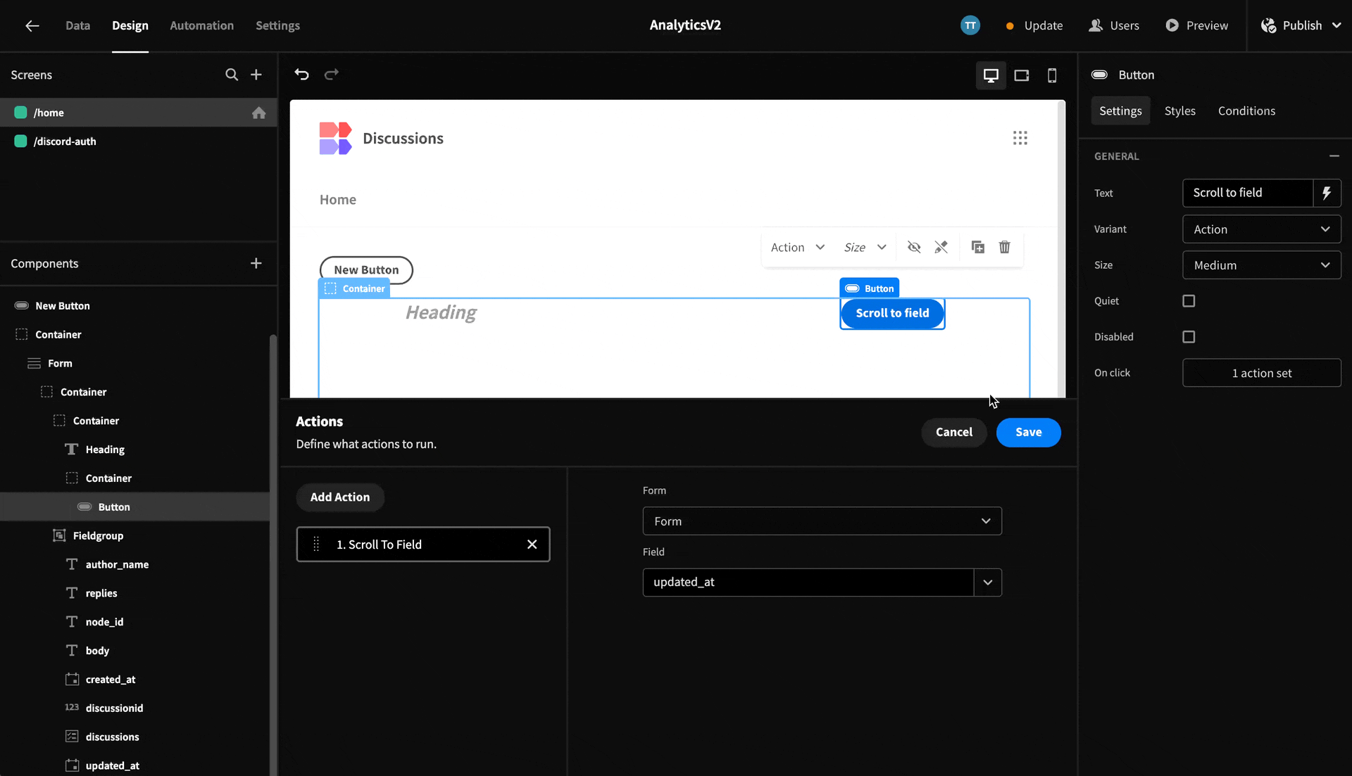 Showing how to attach the scroll to field action up.