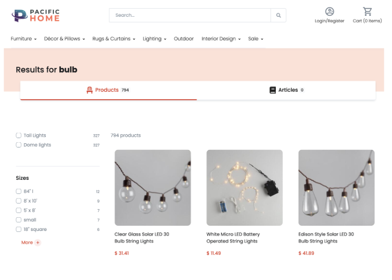 Search results for "bulb" filtered by SKU attributes to show only relevant product variants
