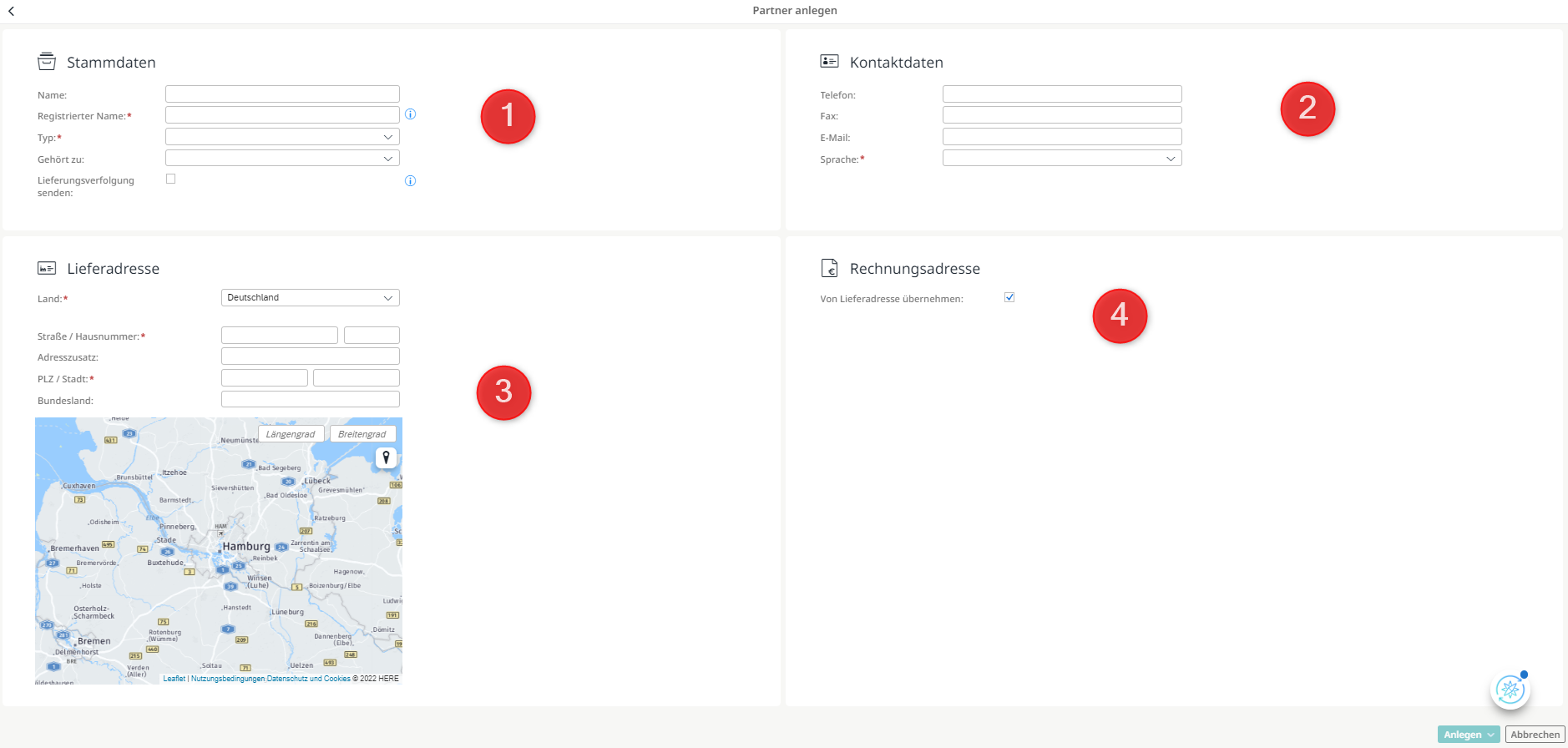 Einen Geschäftspartner anlegen - Bereiche
