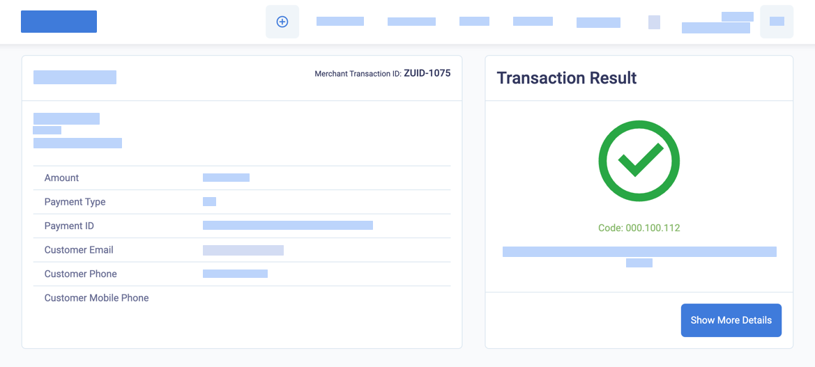 The transaction result screen for a pay per use order