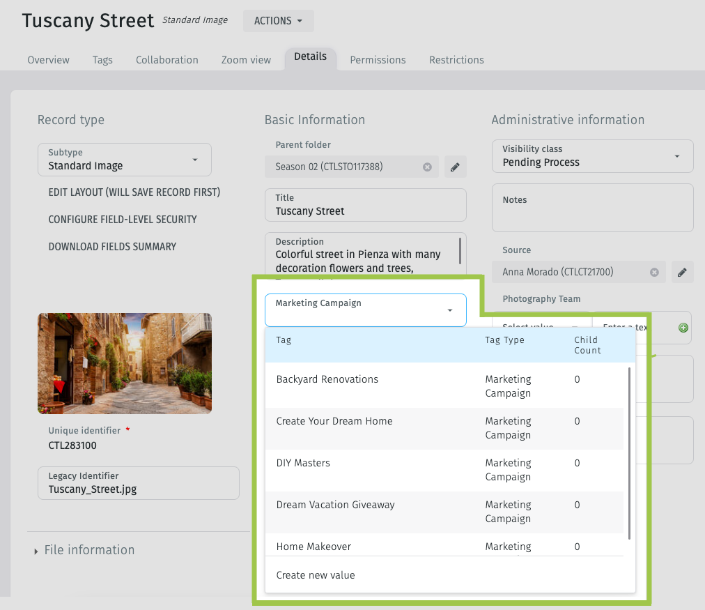 Metadata field based on an authority List