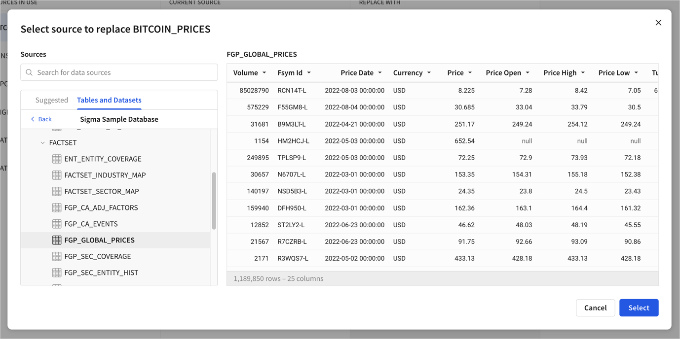 Select source to replace the current one, in this case, Bitcoin Prices, with a search and browse interface on the left and and a column preview of the selected future source on the right.