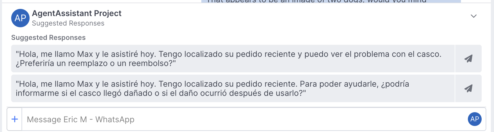 Sample Alternative Response Suggestions presented to the agent in Spanish