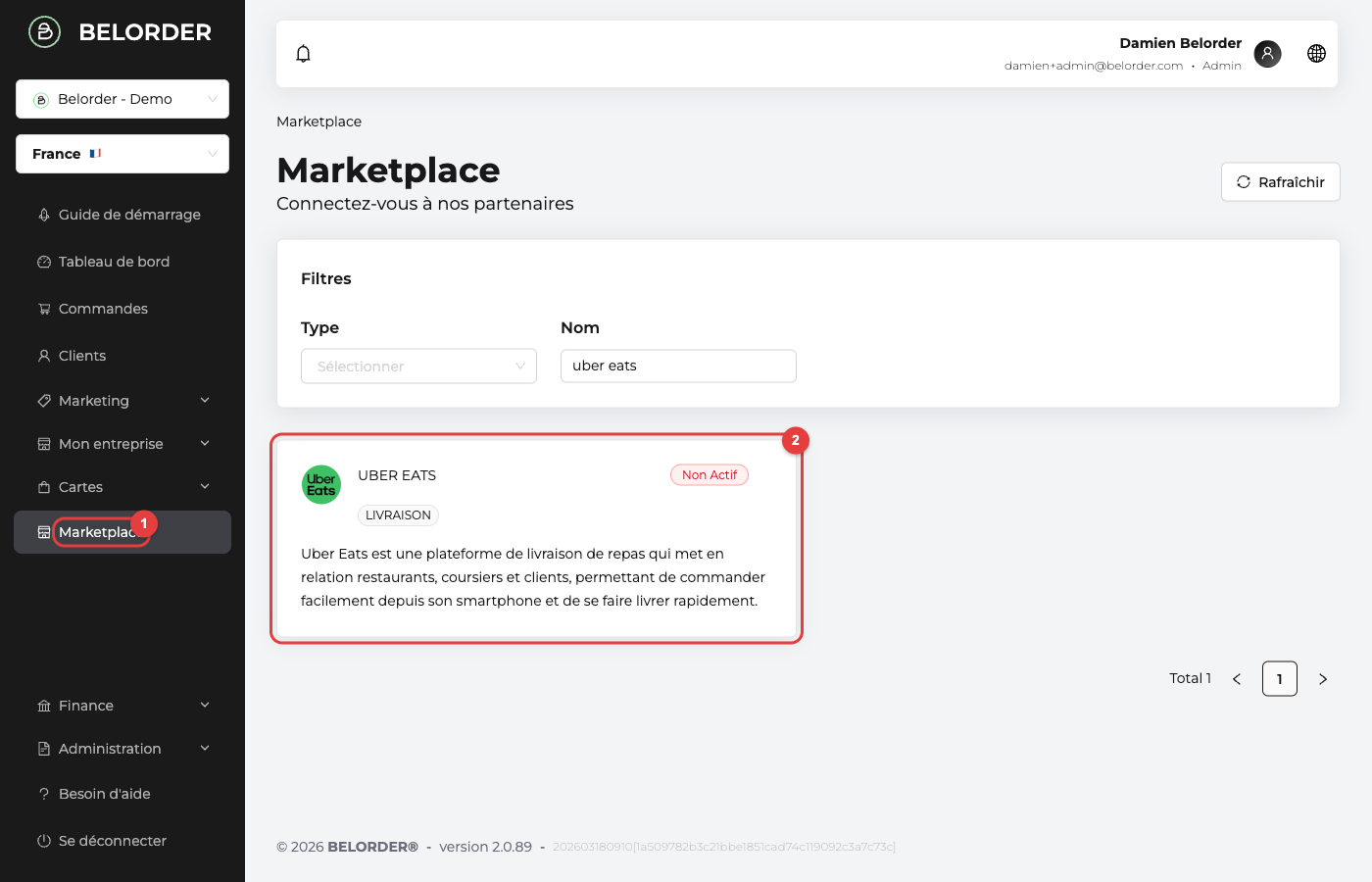 Accès à Uber Eats depuis le menu Marketplace