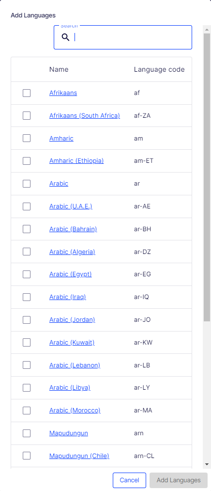 screenshot of the catalog with language enablement controls