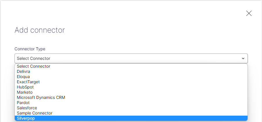 Screenshot of the Add connector view where selecting a marketing automation connector type