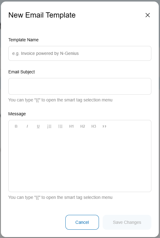 Create Template form for entering a name, email subject and message