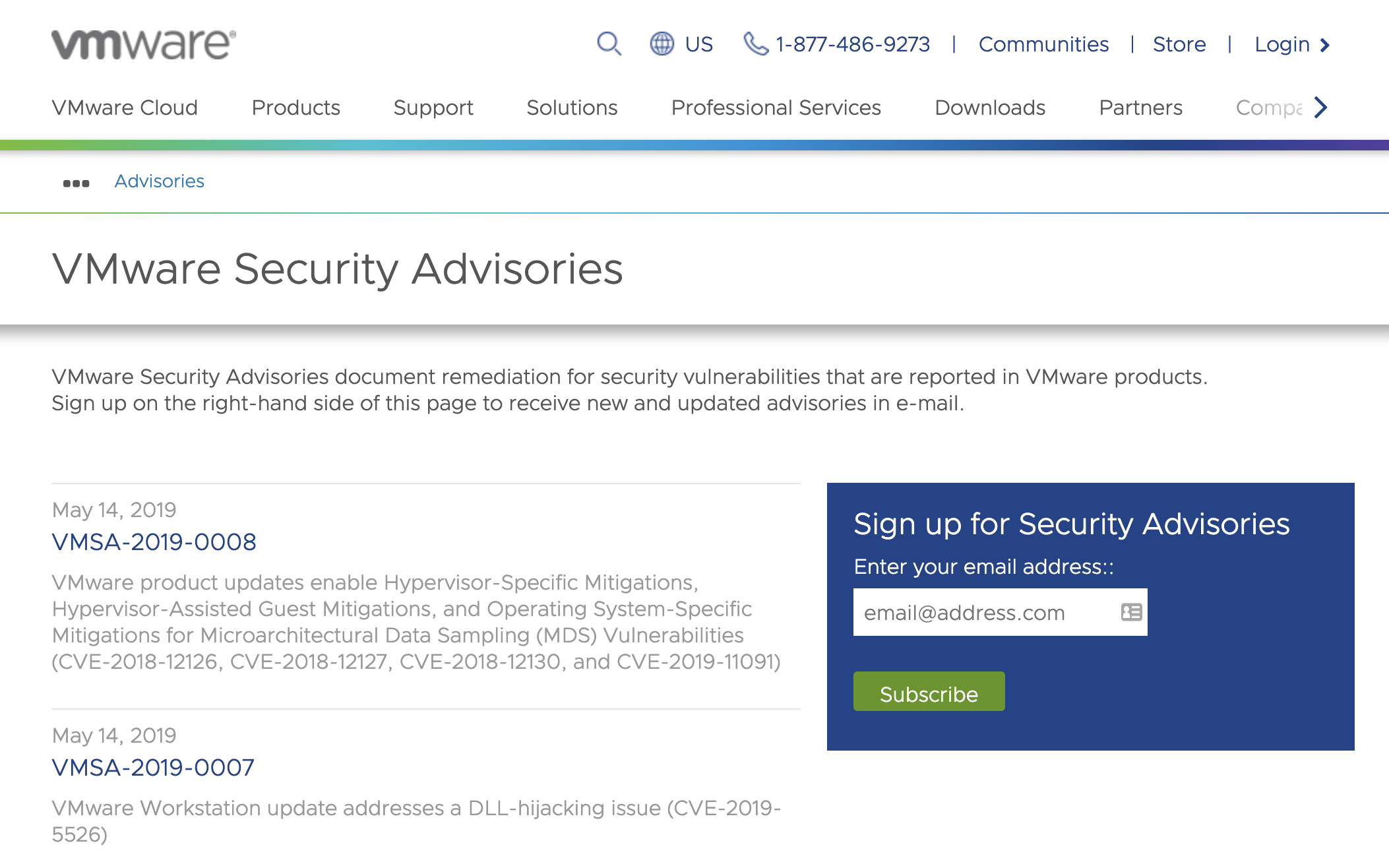 VMware Security Advisories website: https://www.vmware.com/security/advisories.html