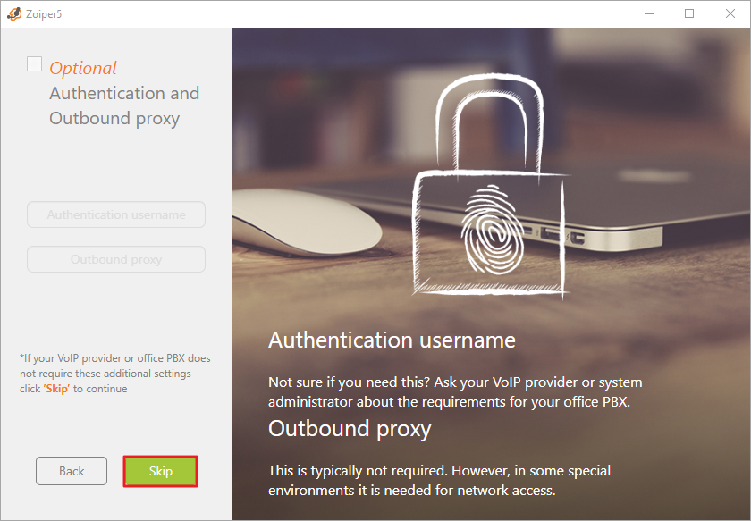 Screenshot of the Zoiper authentication page