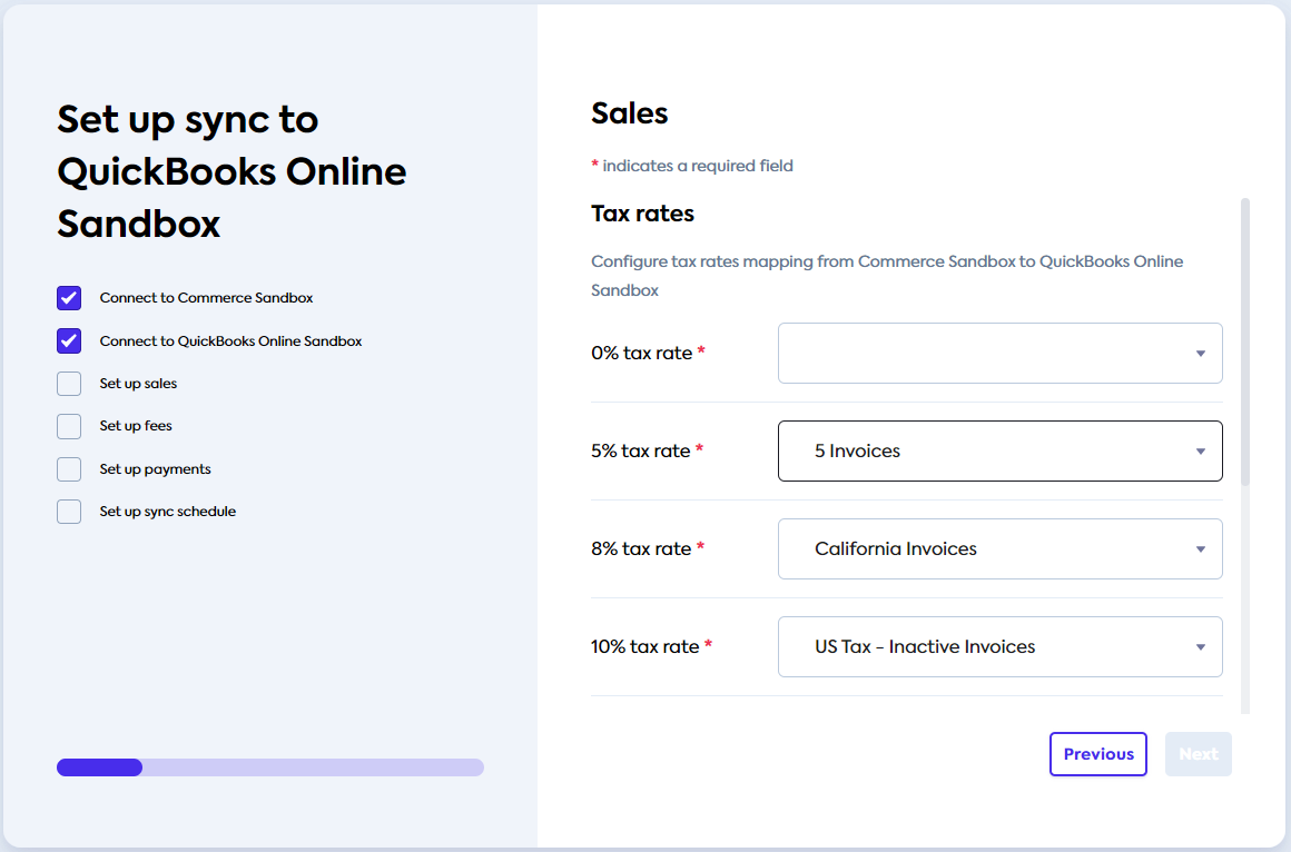 Sync UI Sales Tax rates screen where you can select the applicable tax rates.