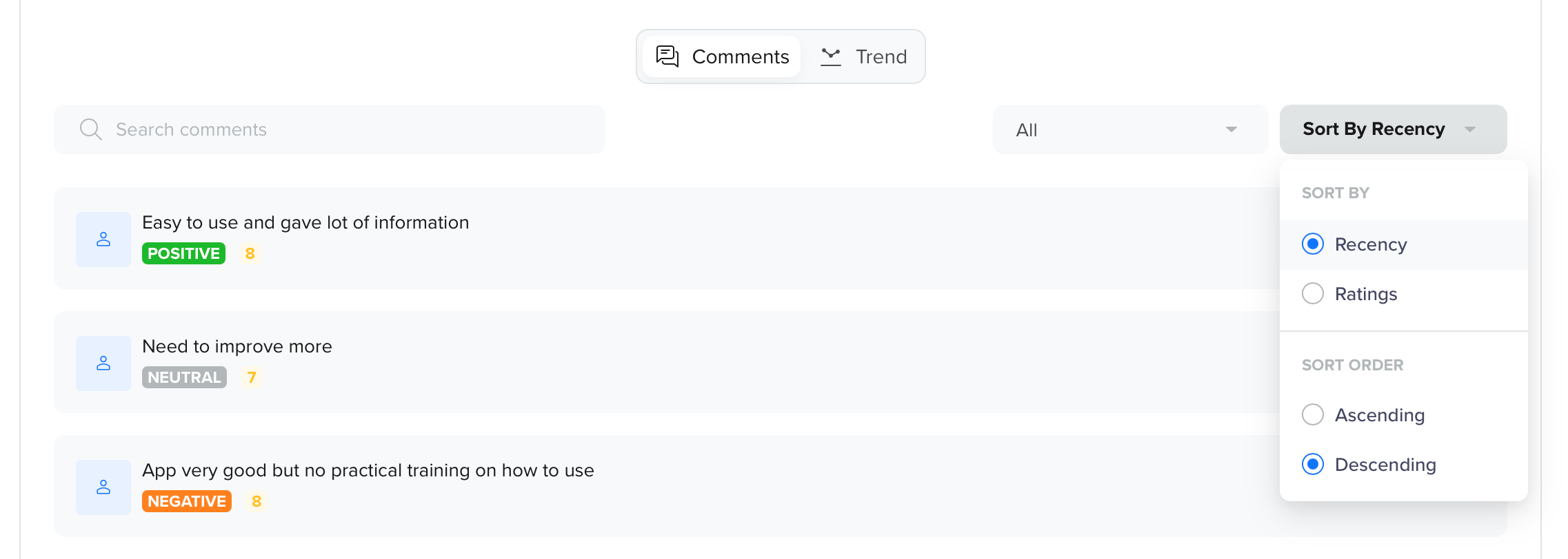 Sort comments by recency or ratings