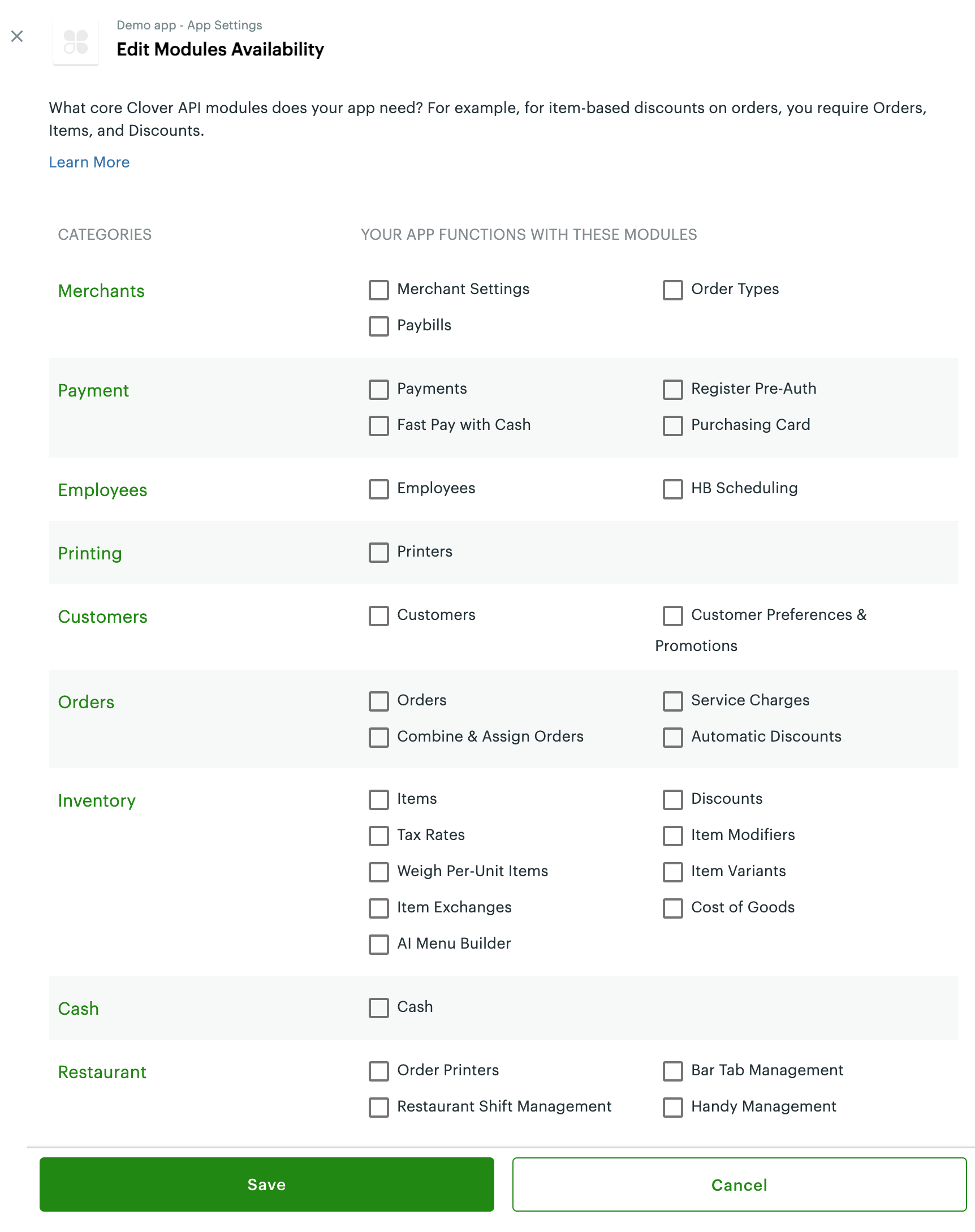 Edit Modules Availability page