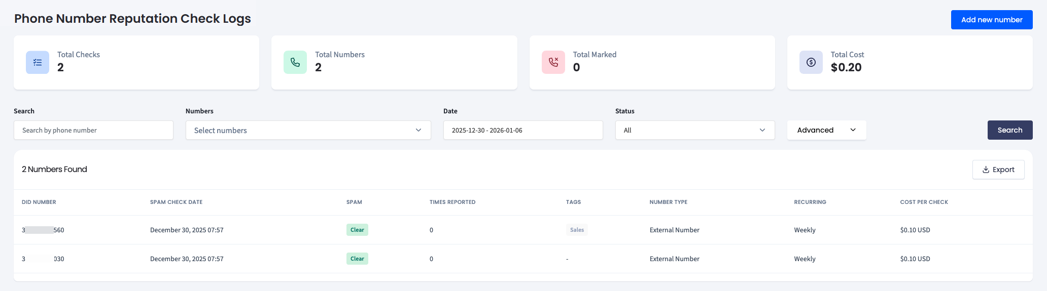 Screenshot of the Number Reputation Check Logs dashboard
