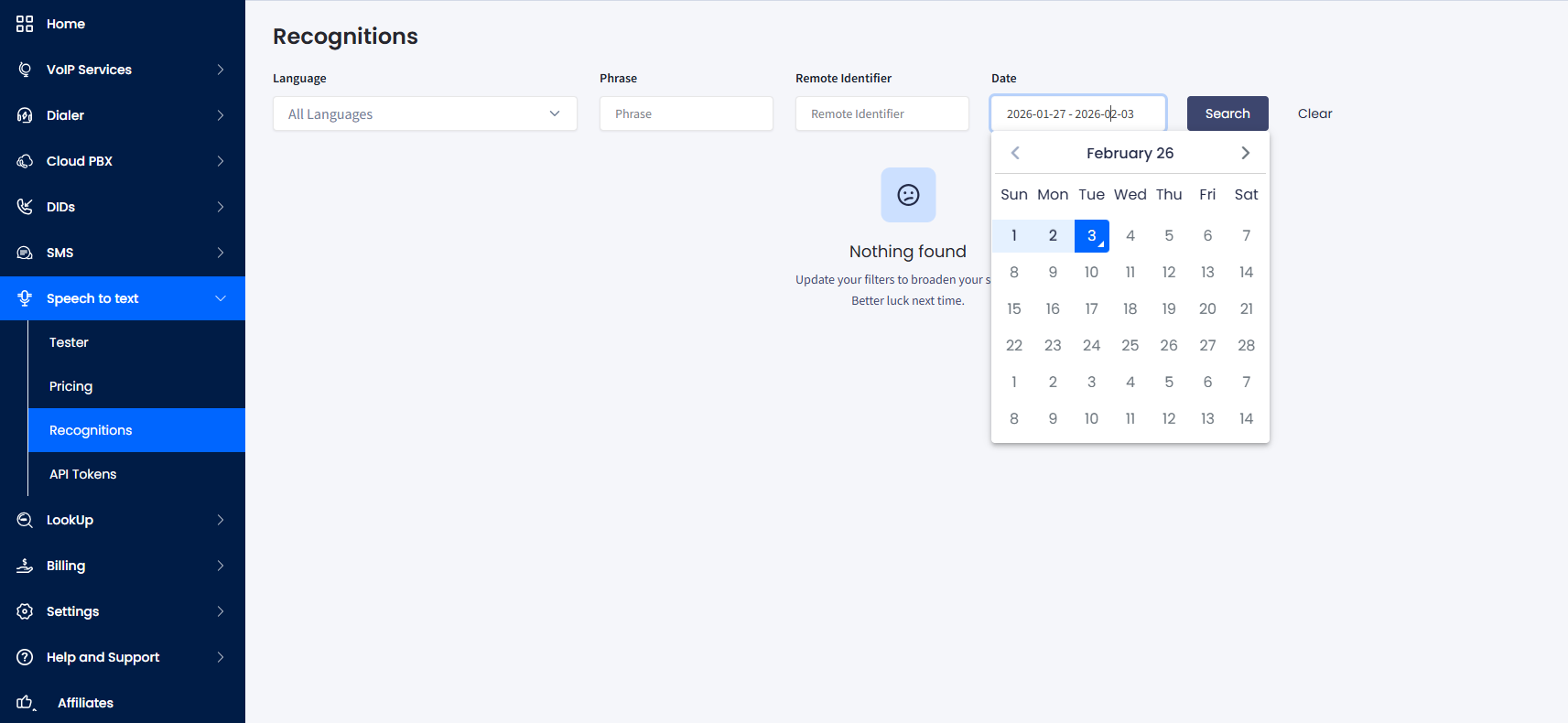 Screenshot of the Speech to text > Recognitions tab