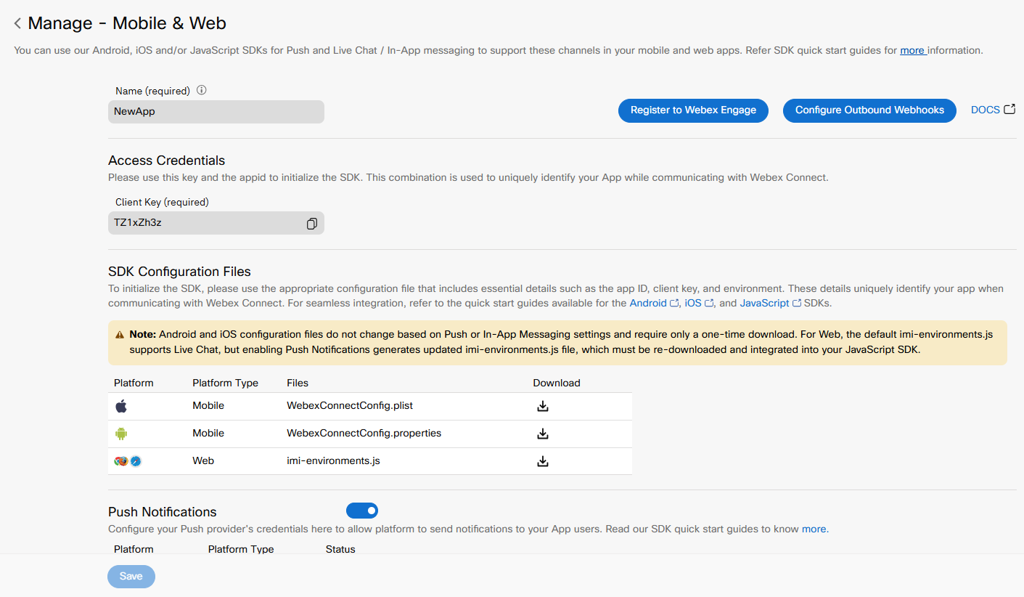 Screenshot of SDK Configuration Files to download Android,iOS and JavaScript SDKs.