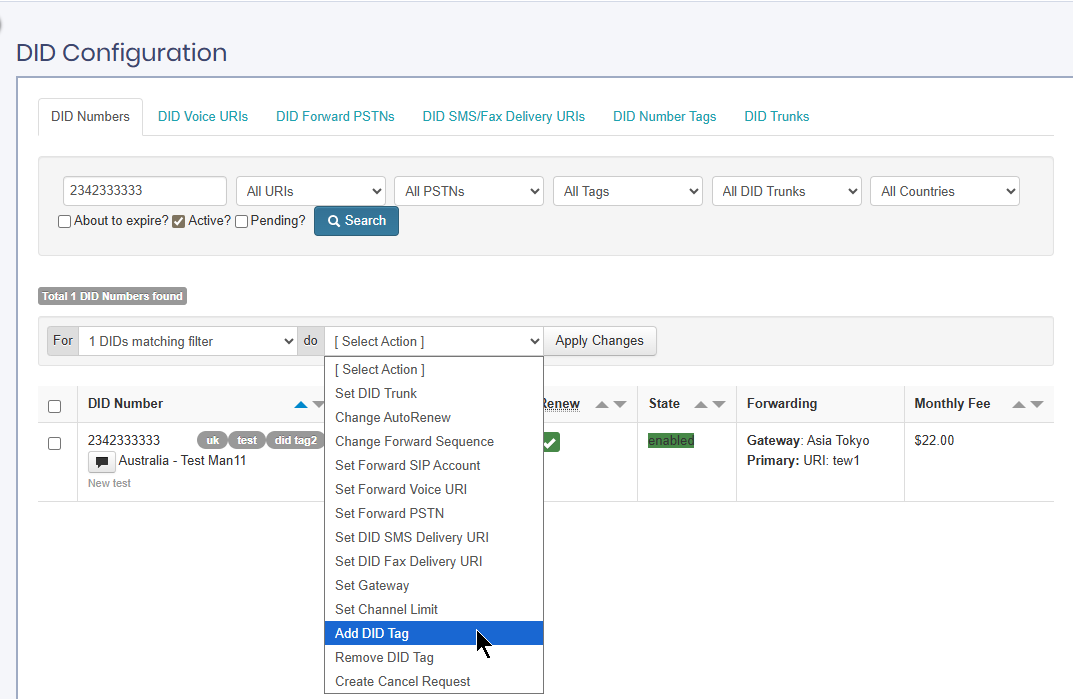 Screenshot of selecting the Add DID Tag action